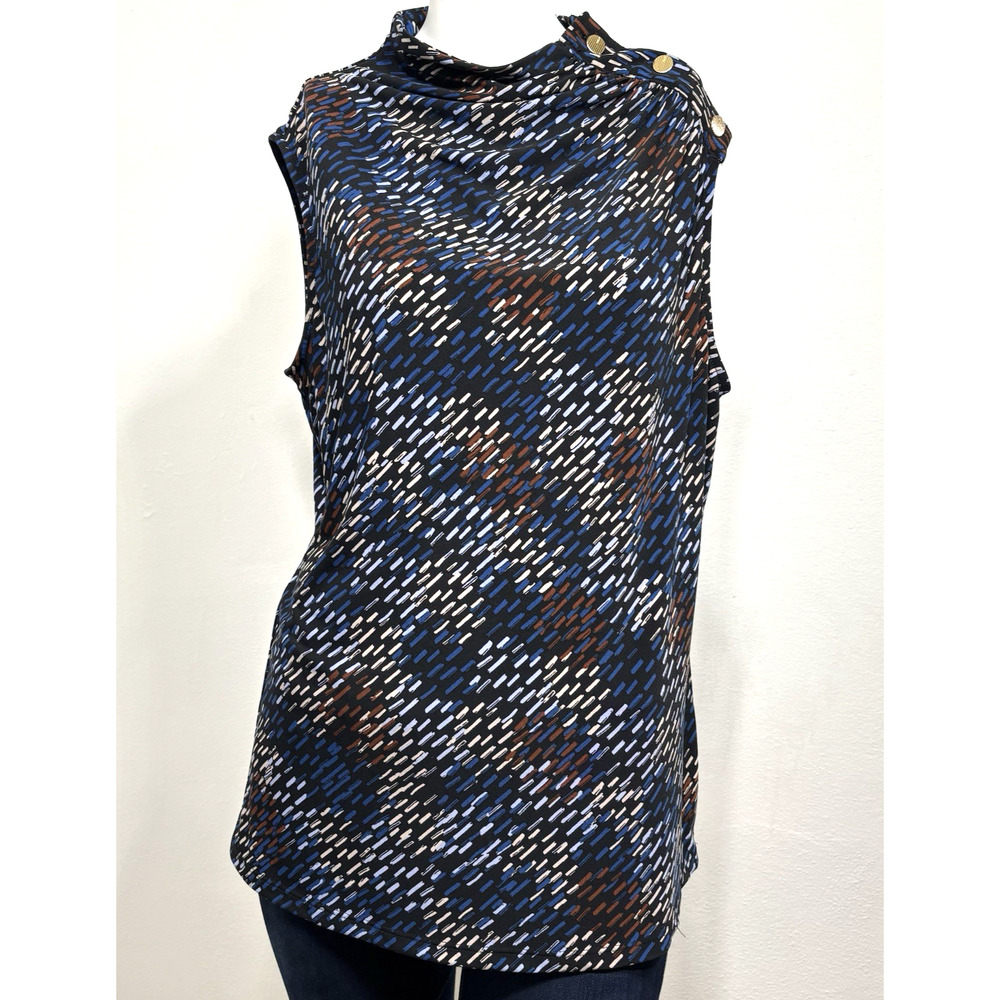 DKNY Top M Abstract‎ Print Sleeveless Blue Brown Artsy Statement Classic Career